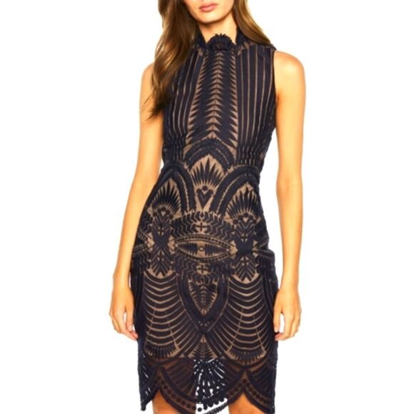 Bardot Alice Lace Bodycon Blue Sheath Halter Midi Dress Sz 10 L - Picture 1 of 10